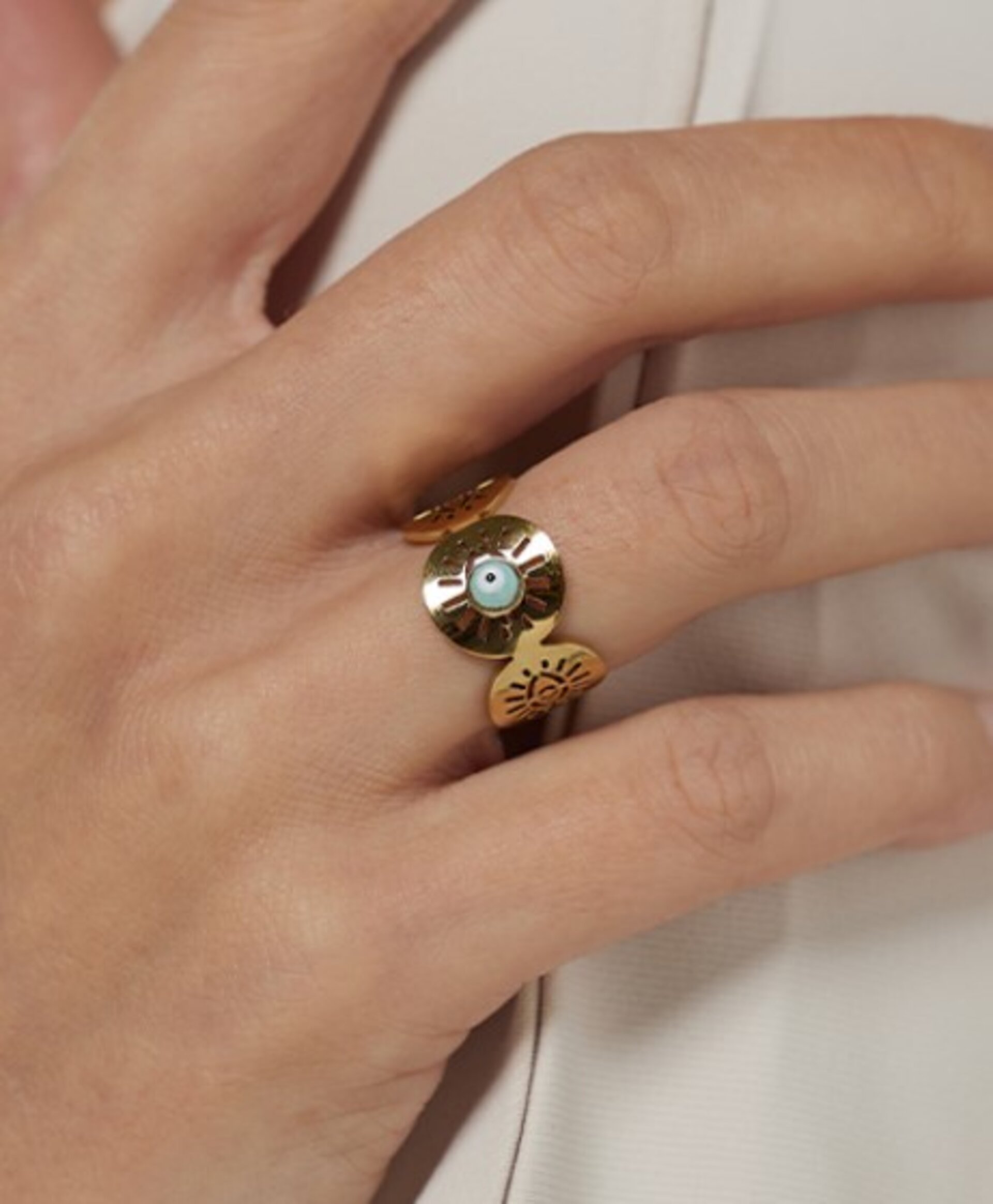 Anillo "RA" con ojo turco, acero y oro resistente al agua - 2